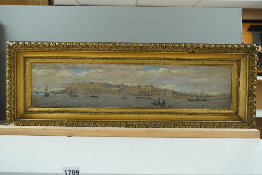 J. MacNaughton, oil on board, Panoramic port scene with ships, signed, 11.5 x 55cm, ornate gilt framed. Condition - fair, would benefit from a clean